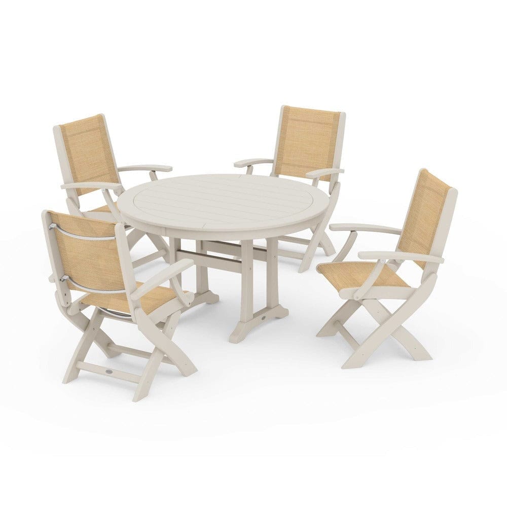 POLYWOOD® Outdoor Furniture Sand / Dupioni Apricot Sling POLYWOOD® - Coastal Folding Chair 5-Piece Round Dining Set with Trestle Legs - PWS1120