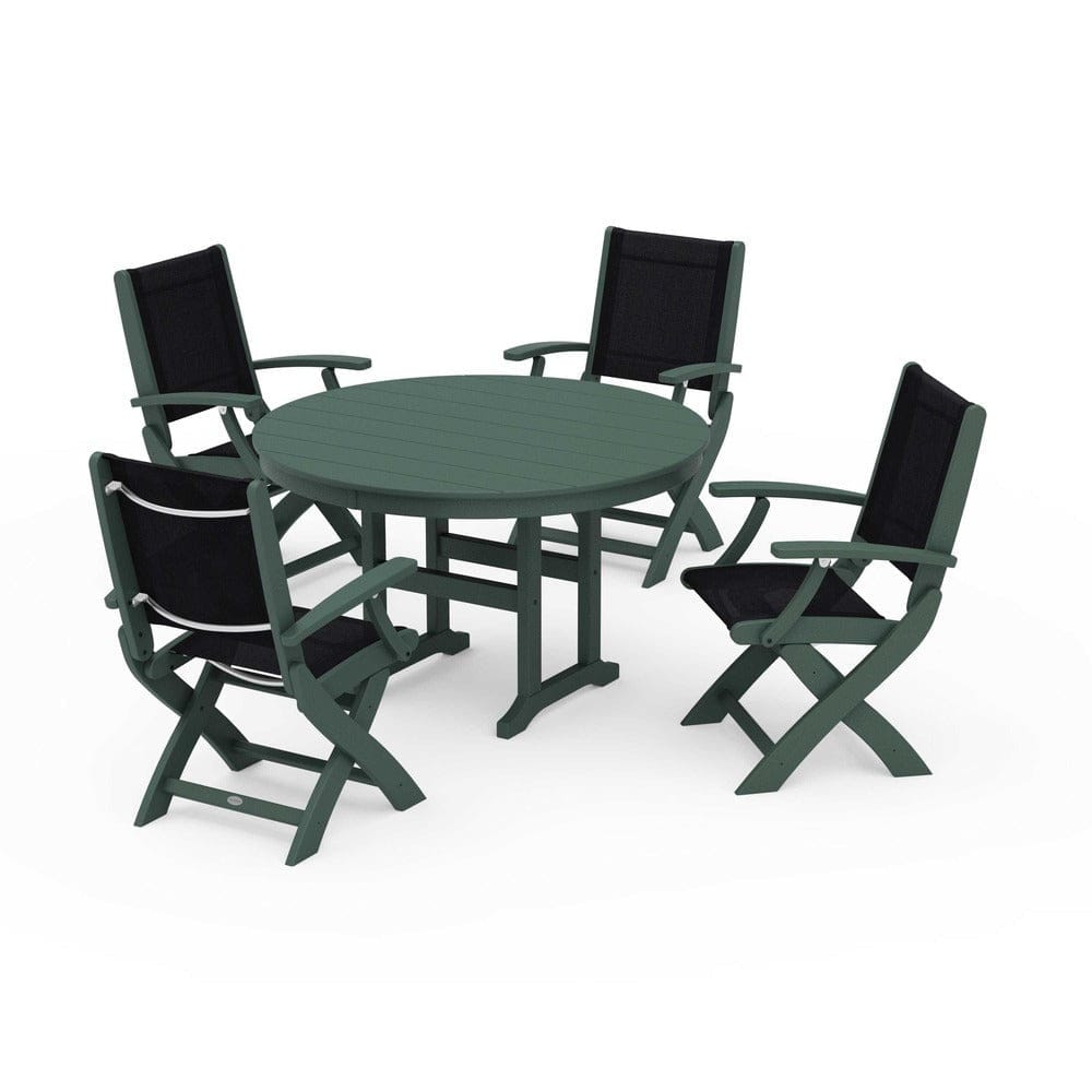 POLYWOOD® Outdoor Furniture Green / Black Sling POLYWOOD® - Coastal Folding Chair 5-Piece Round Dining Set - PWS1357