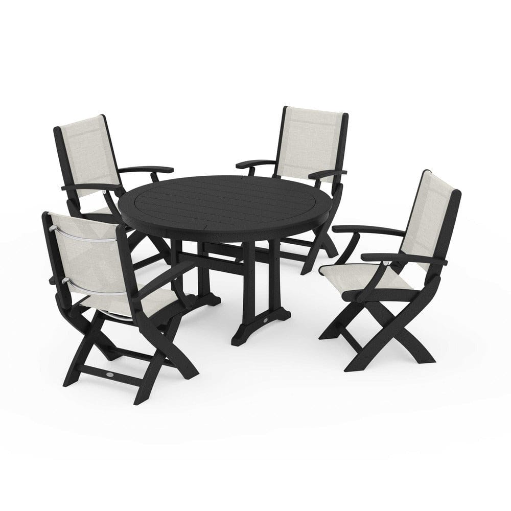 POLYWOOD® Outdoor Furniture Black / Parchment Sling POLYWOOD® - Coastal Folding Chair 5-Piece Round Dining Set with Trestle Legs - PWS1120