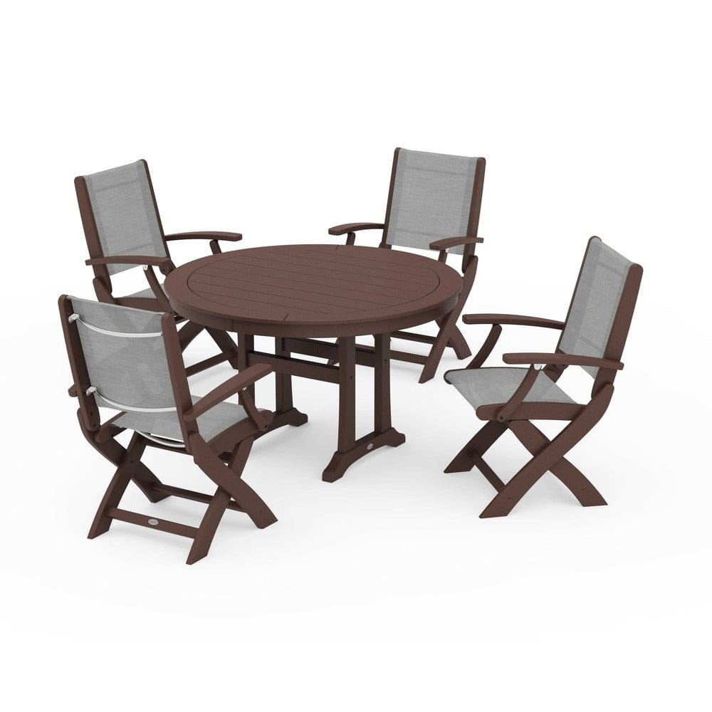 POLYWOOD® Outdoor Furniture Mahogany / Metallic Sling POLYWOOD® - Coastal Folding Chair 5-Piece Round Dining Set with Trestle Legs - PWS1120