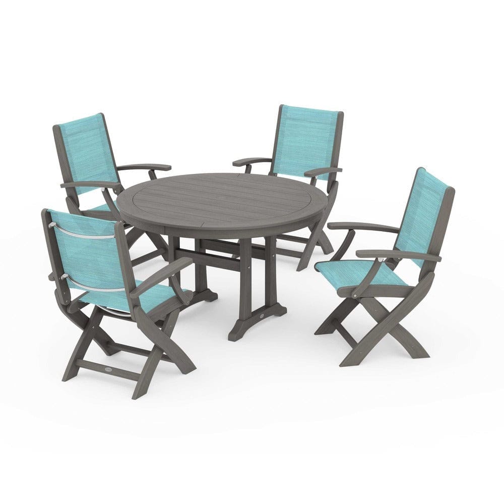 POLYWOOD® Outdoor Furniture POLYWOOD® - Coastal Folding Chair 5-Piece Round Dining Set with Trestle Legs - PWS1120