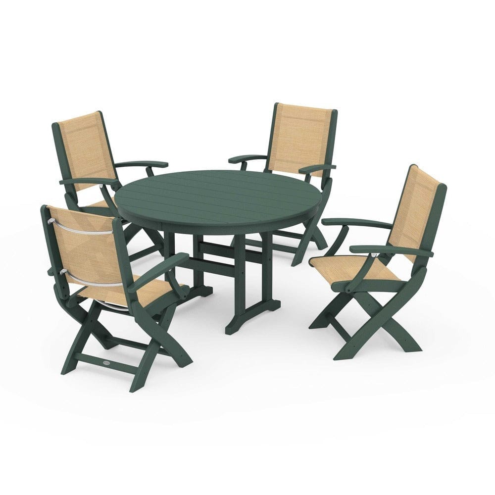 POLYWOOD® Outdoor Furniture Green / Dupioni Apricot Sling POLYWOOD® - Coastal Folding Chair 5-Piece Round Dining Set - PWS1357