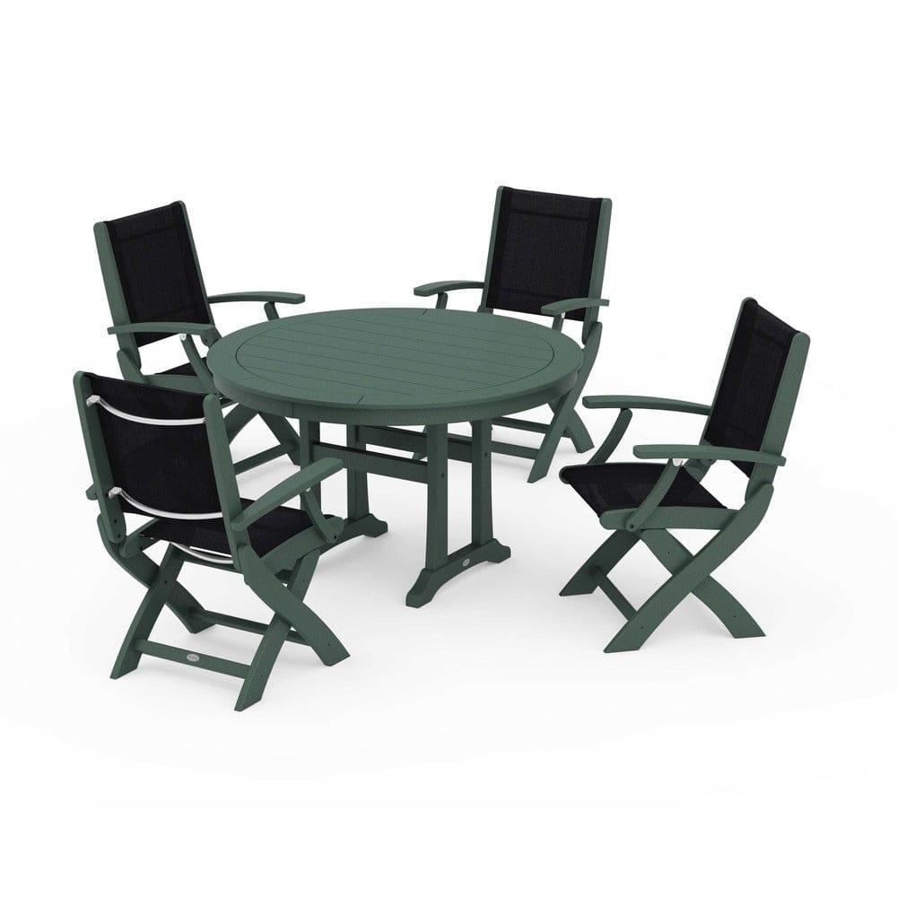 POLYWOOD® Outdoor Furniture Green / Black Sling POLYWOOD® - Coastal Folding Chair 5-Piece Round Dining Set with Trestle Legs - PWS1120