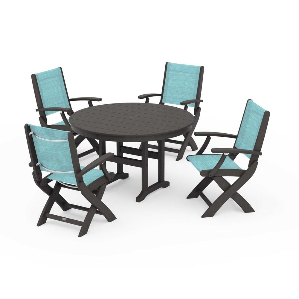POLYWOOD® Outdoor Furniture Vintage Coffee / Dupioni Aquamarine Sling POLYWOOD® - Coastal Folding Chair 5-Piece Round Dining Set - PWS1357