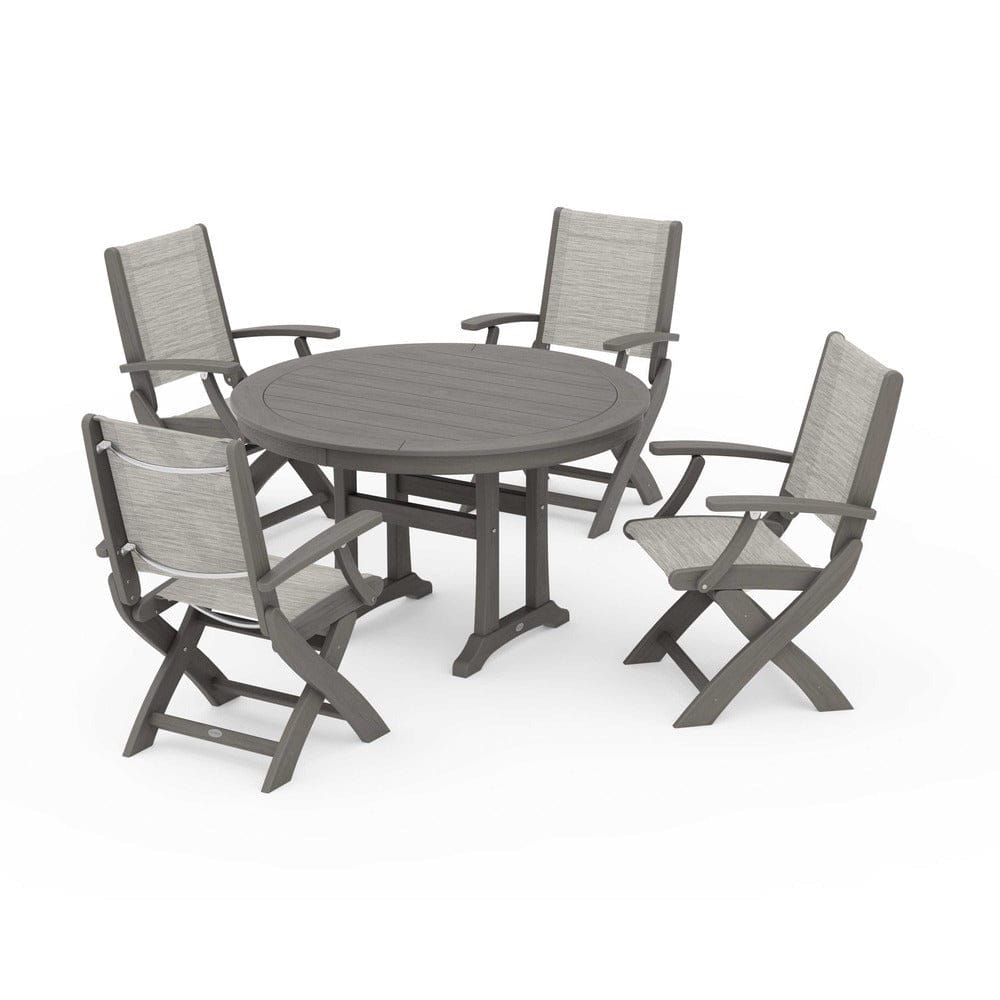 POLYWOOD® Outdoor Furniture POLYWOOD® - Coastal Folding Chair 5-Piece Round Dining Set with Trestle Legs - PWS1120