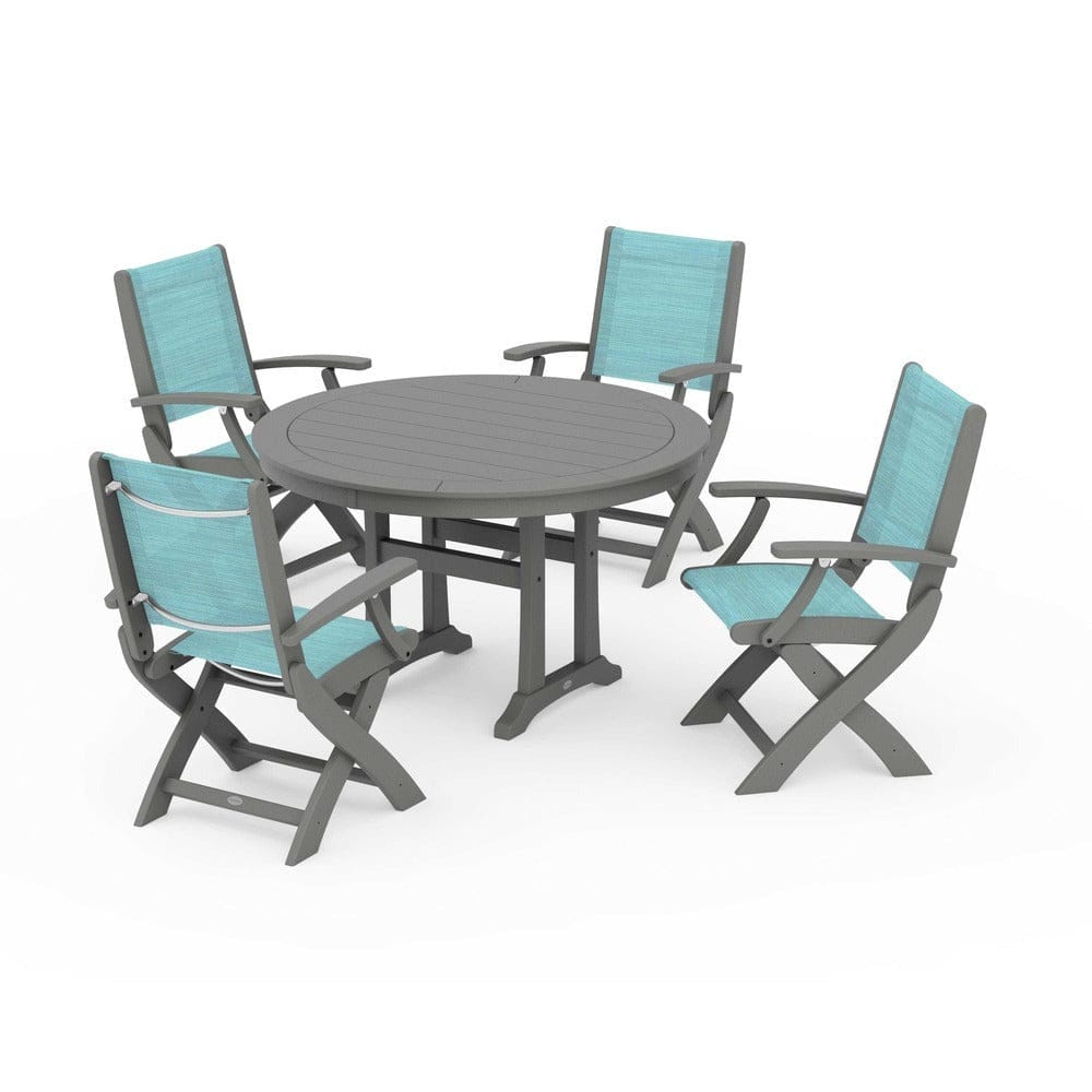 POLYWOOD® Outdoor Furniture Slate Grey / Dupioni Aquamarine Sling POLYWOOD® - Coastal Folding Chair 5-Piece Round Dining Set with Trestle Legs - PWS1120