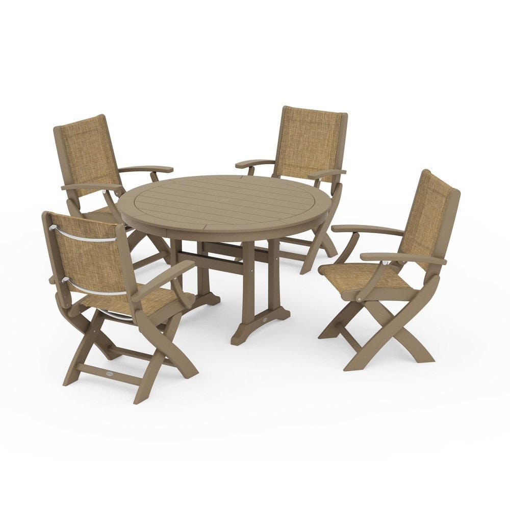 POLYWOOD® Outdoor Furniture POLYWOOD® - Coastal Folding Chair 5-Piece Round Dining Set with Trestle Legs - PWS1120