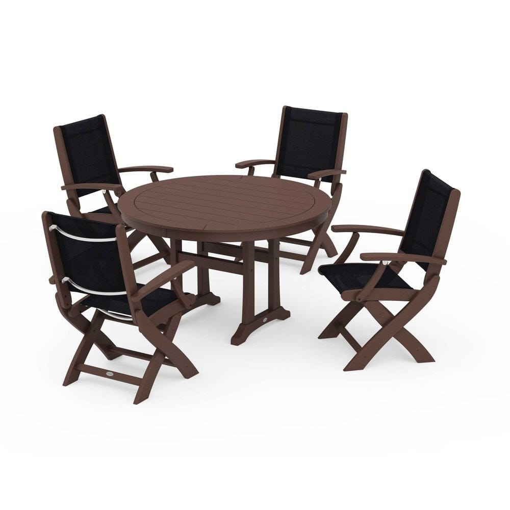 POLYWOOD® Outdoor Furniture Mahogany / Black Sling POLYWOOD® - Coastal Folding Chair 5-Piece Round Dining Set with Trestle Legs - PWS1120