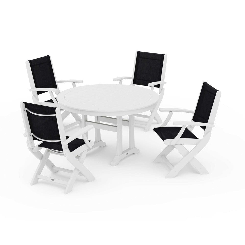 POLYWOOD® Outdoor Furniture White / Black Sling POLYWOOD® - Coastal Folding Chair 5-Piece Round Dining Set with Trestle Legs - PWS1120
