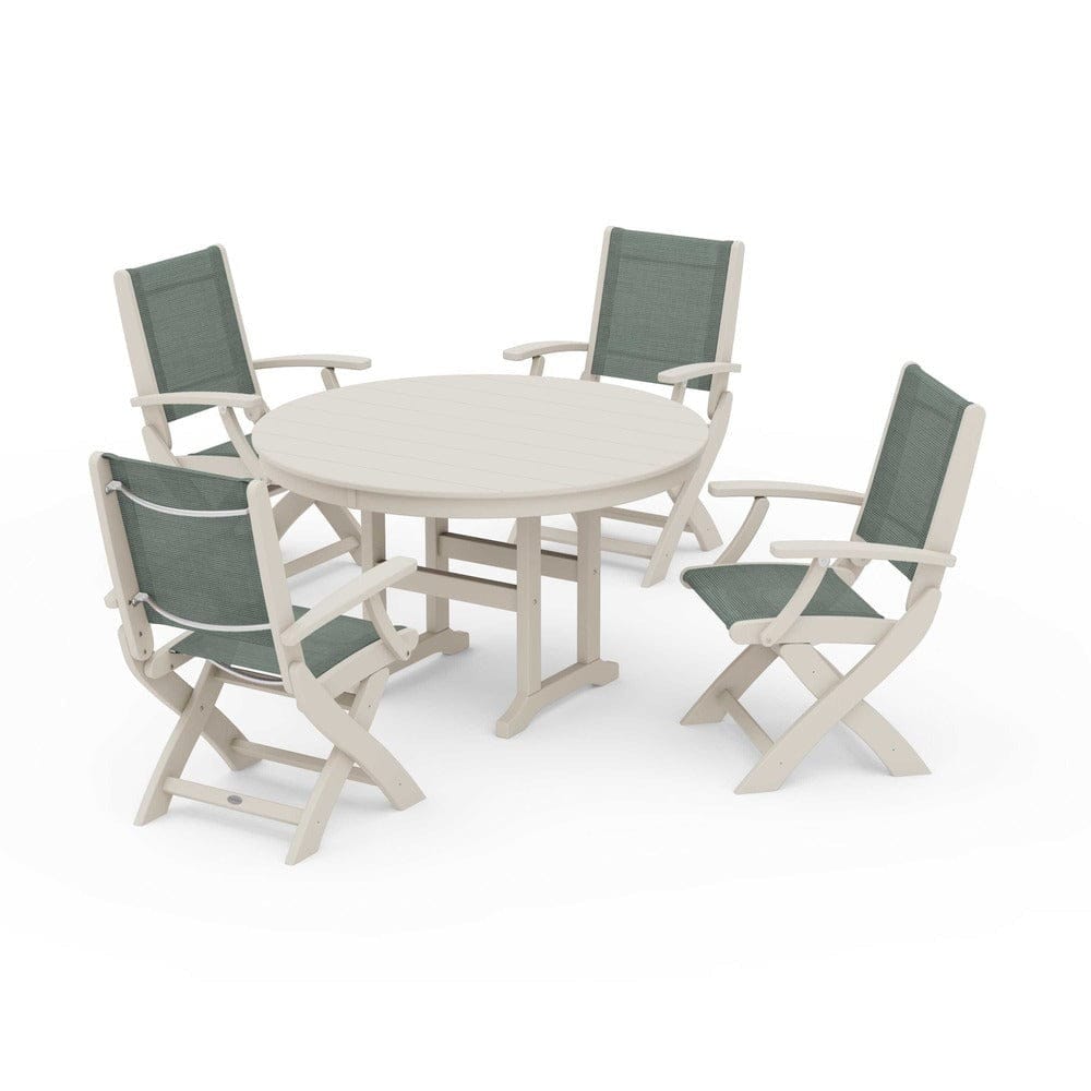 POLYWOOD® Outdoor Furniture Sand / Dupioni Sea Mist Sling POLYWOOD® - Coastal Folding Chair 5-Piece Round Dining Set - PWS1357