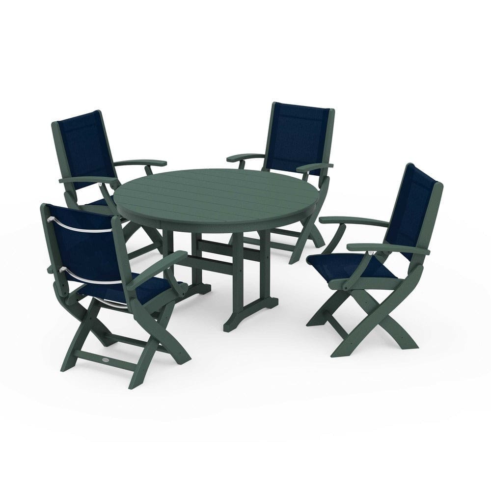 POLYWOOD® Outdoor Furniture Green / Navy Blue Sling POLYWOOD® - Coastal Folding Chair 5-Piece Round Dining Set - PWS1357