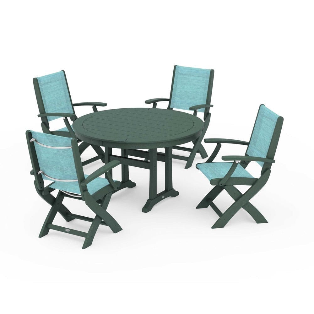 POLYWOOD® Outdoor Furniture Green / Dupioni Aquamarine Sling POLYWOOD® - Coastal Folding Chair 5-Piece Round Dining Set with Trestle Legs - PWS1120