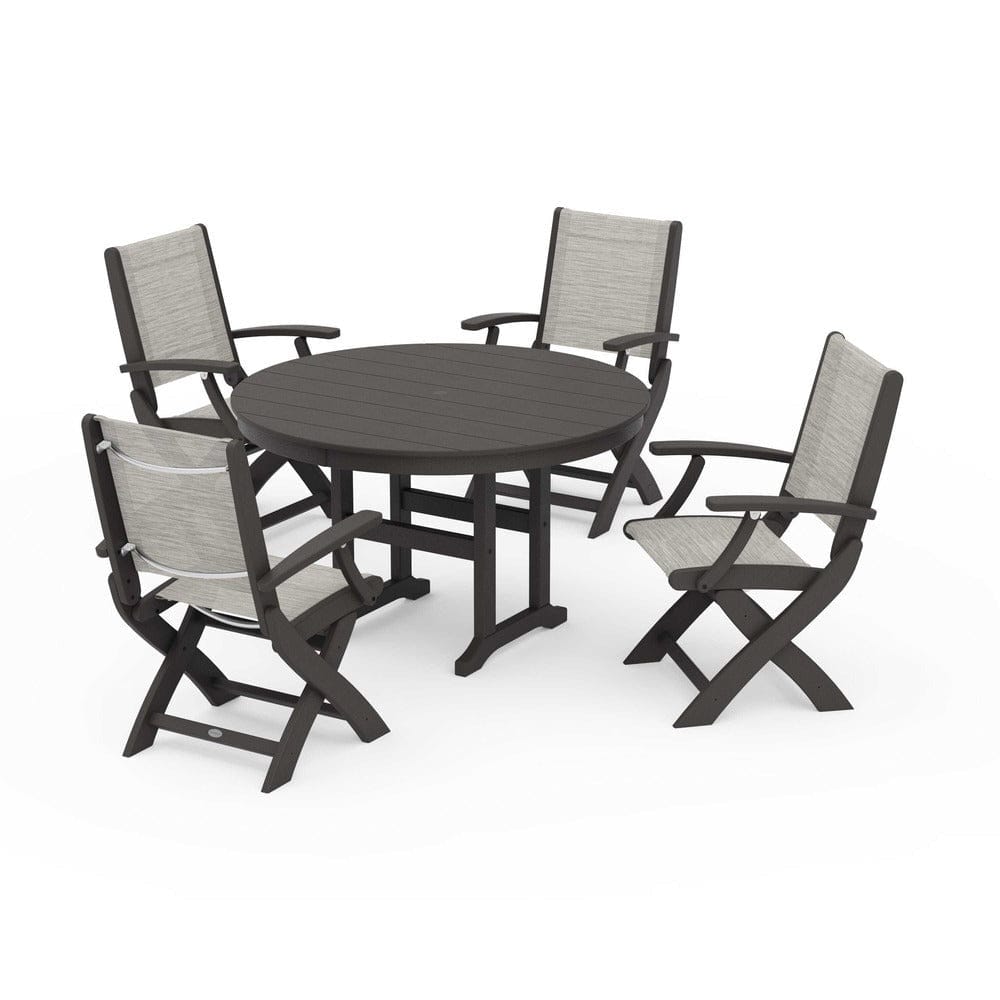 POLYWOOD® Outdoor Furniture Vintage Coffee / Birch Sling POLYWOOD® - Coastal Folding Chair 5-Piece Round Dining Set - PWS1357