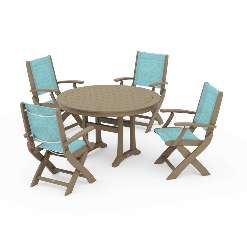 POLYWOOD® Outdoor Furniture POLYWOOD® - Coastal Folding Chair 5-Piece Round Dining Set with Trestle Legs - PWS1120