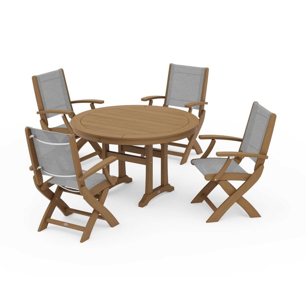 POLYWOOD® Outdoor Furniture POLYWOOD® - Coastal Folding Chair 5-Piece Round Dining Set with Trestle Legs - PWS1120