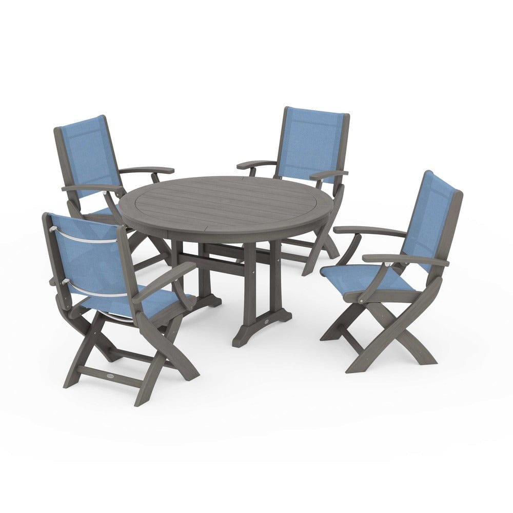 POLYWOOD® Outdoor Furniture POLYWOOD® - Coastal Folding Chair 5-Piece Round Dining Set with Trestle Legs - PWS1120