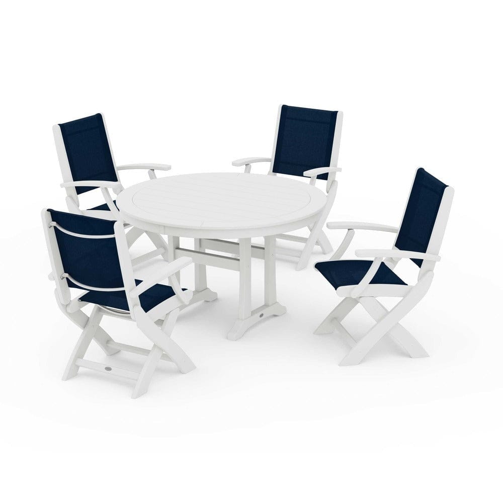 POLYWOOD® Outdoor Furniture POLYWOOD® - Coastal Folding Chair 5-Piece Round Dining Set with Trestle Legs - PWS1120