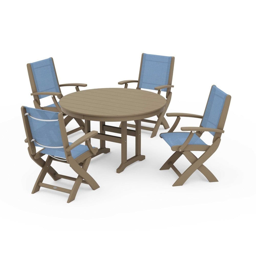 POLYWOOD® Outdoor Furniture Vintage Sahara / Poolside Sling POLYWOOD® - Coastal Folding Chair 5-Piece Round Dining Set - PWS1357