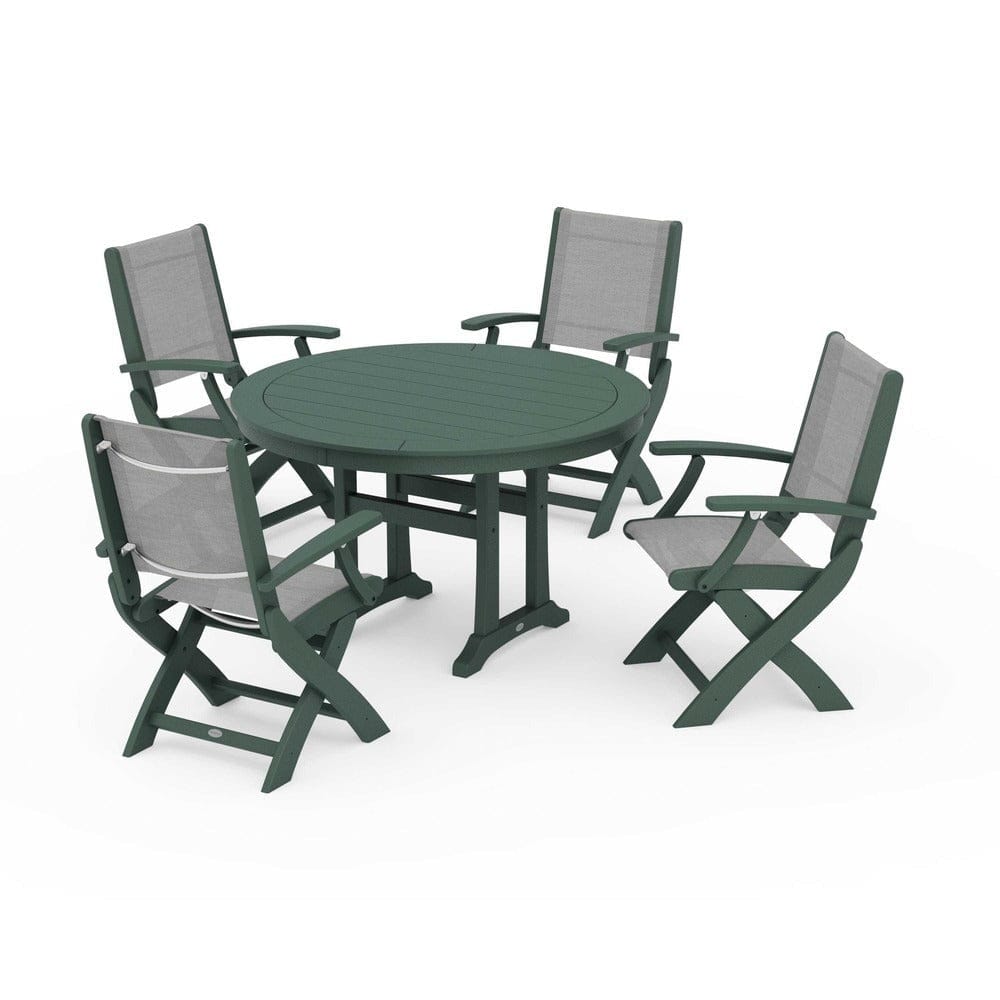 POLYWOOD® Outdoor Furniture Green / Metallic Sling POLYWOOD® - Coastal Folding Chair 5-Piece Round Dining Set with Trestle Legs - PWS1120
