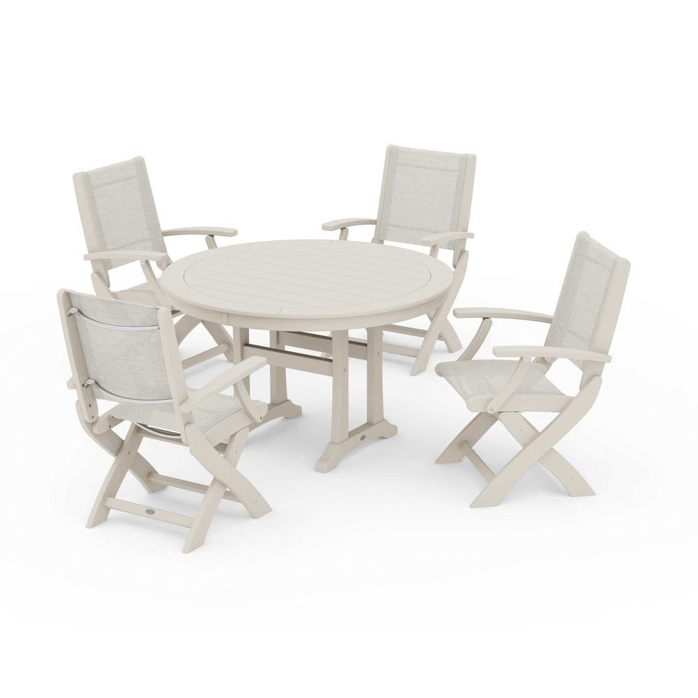 POLYWOOD® Outdoor Furniture Sand / Parchment Sling POLYWOOD® - Coastal Folding Chair 5-Piece Round Dining Set with Trestle Legs - PWS1120