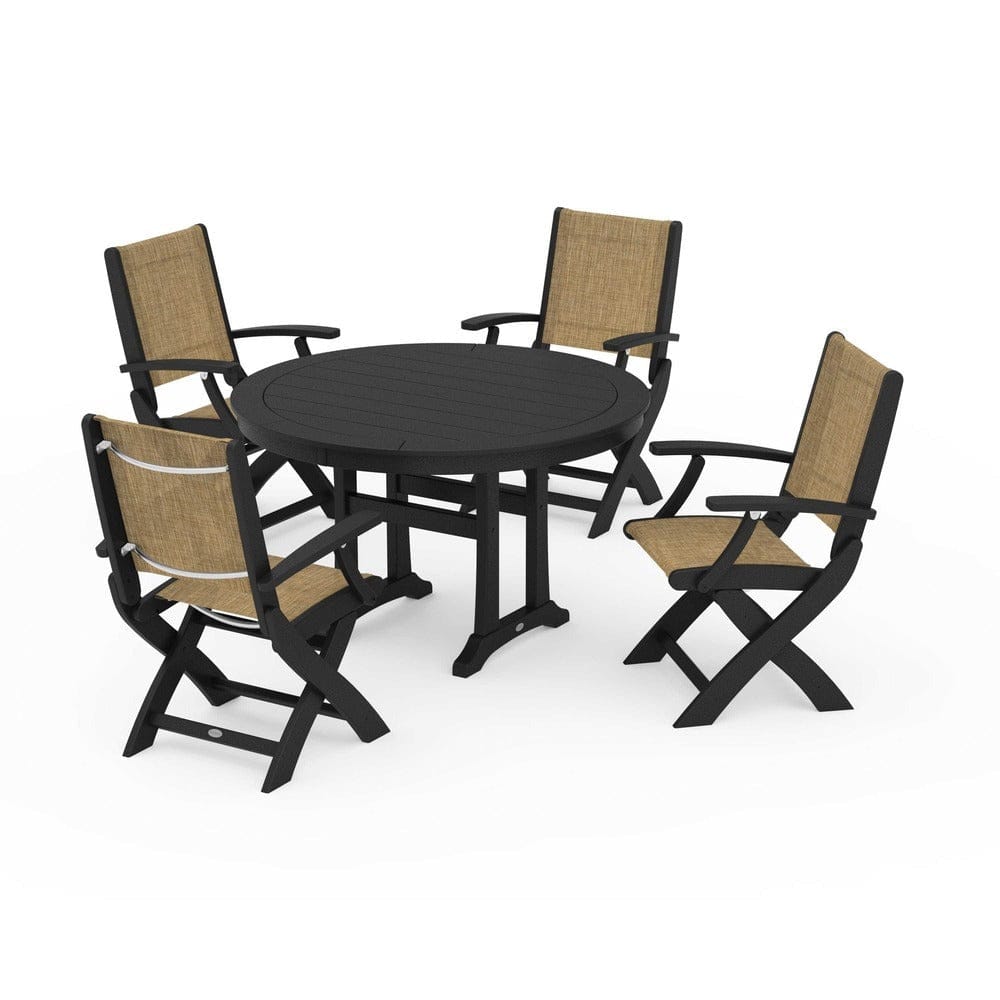 POLYWOOD® Outdoor Furniture Black / Burlap Sling POLYWOOD® - Coastal Folding Chair 5-Piece Round Dining Set with Trestle Legs - PWS1120
