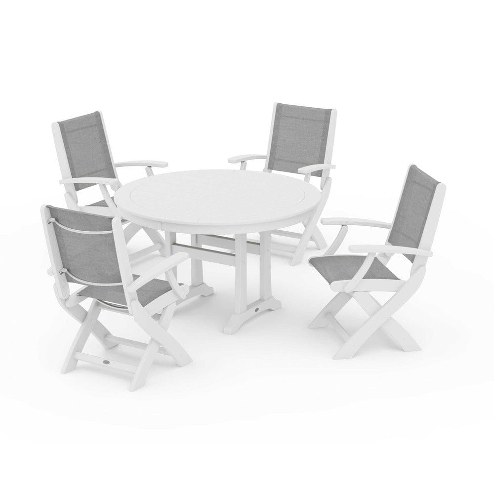 POLYWOOD® Outdoor Furniture White / Metallic Sling POLYWOOD® - Coastal Folding Chair 5-Piece Round Dining Set with Trestle Legs - PWS1120