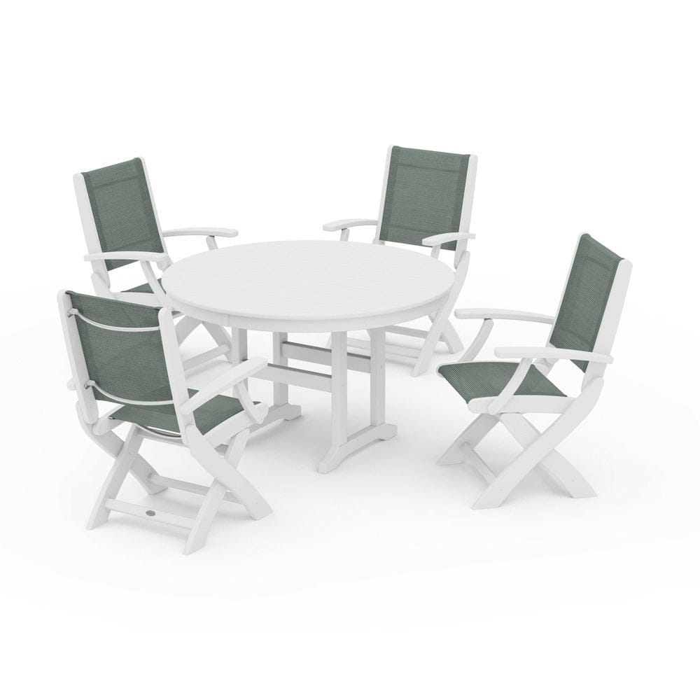 POLYWOOD® Outdoor Furniture White / Dupioni Sea Mist Sling POLYWOOD® - Coastal Folding Chair 5-Piece Round Dining Set - PWS1357