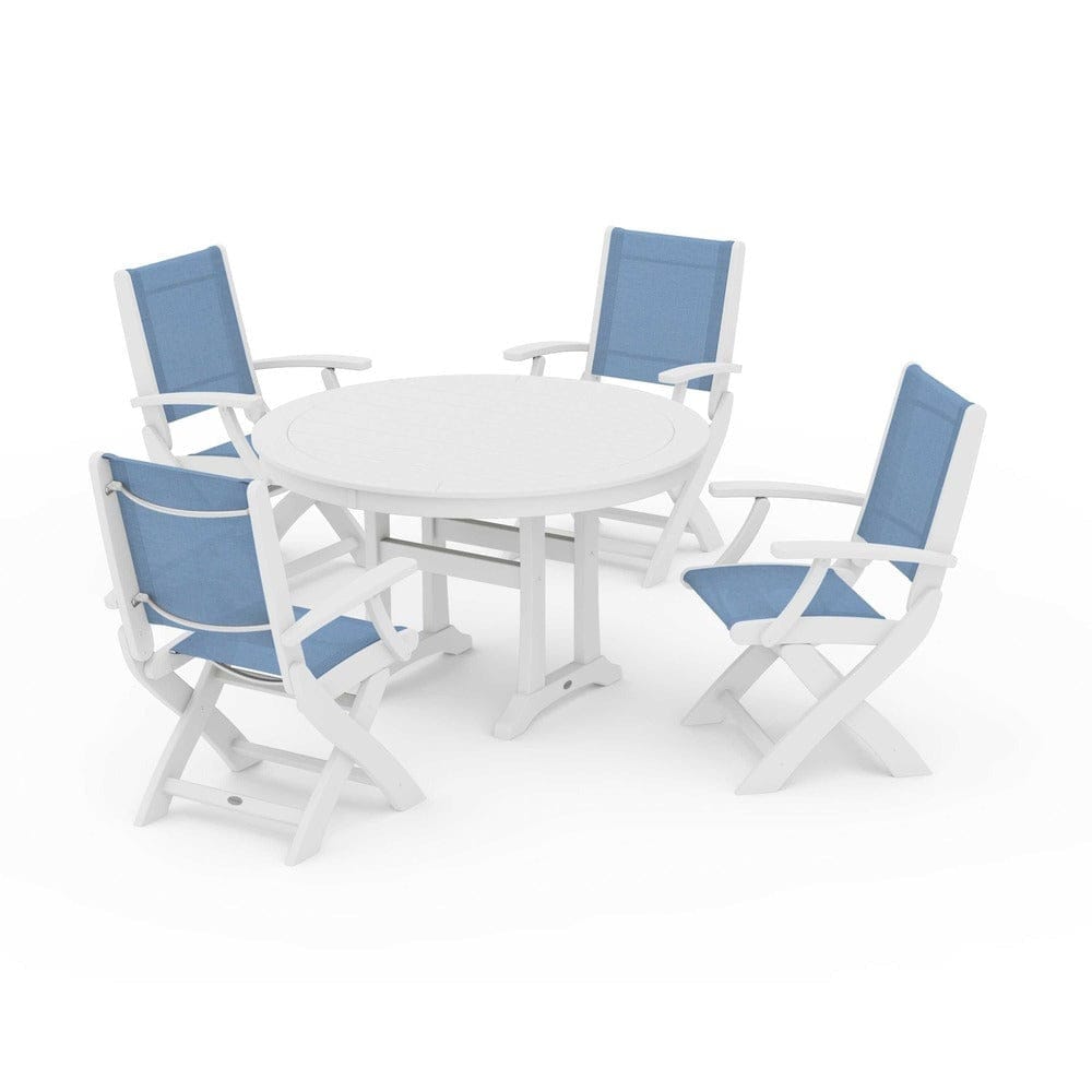 POLYWOOD® Outdoor Furniture White / Poolside Sling POLYWOOD® - Coastal Folding Chair 5-Piece Round Dining Set with Trestle Legs - PWS1120