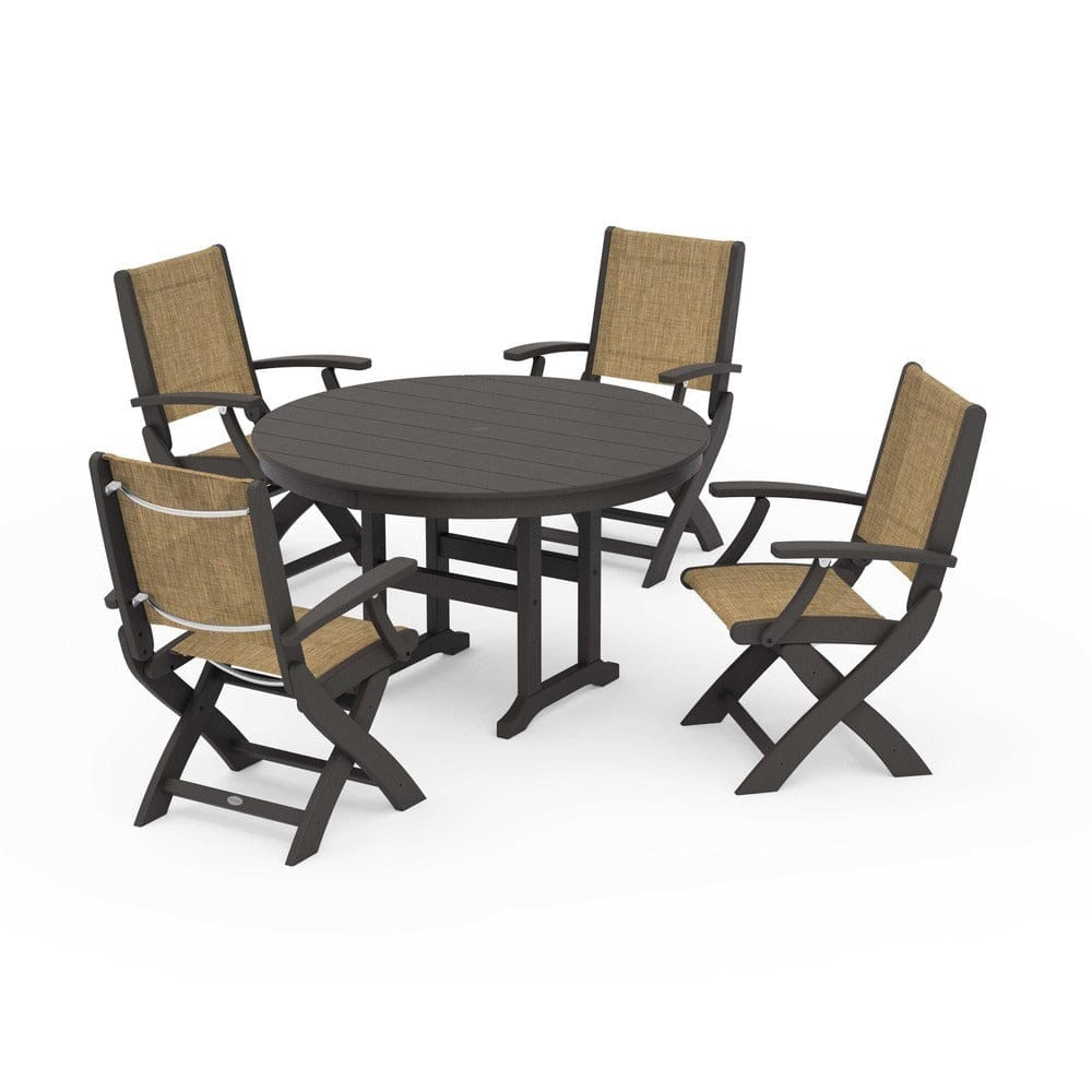 POLYWOOD® Outdoor Furniture Vintage Coffee / Burlap Sling POLYWOOD® - Coastal Folding Chair 5-Piece Round Dining Set - PWS1357