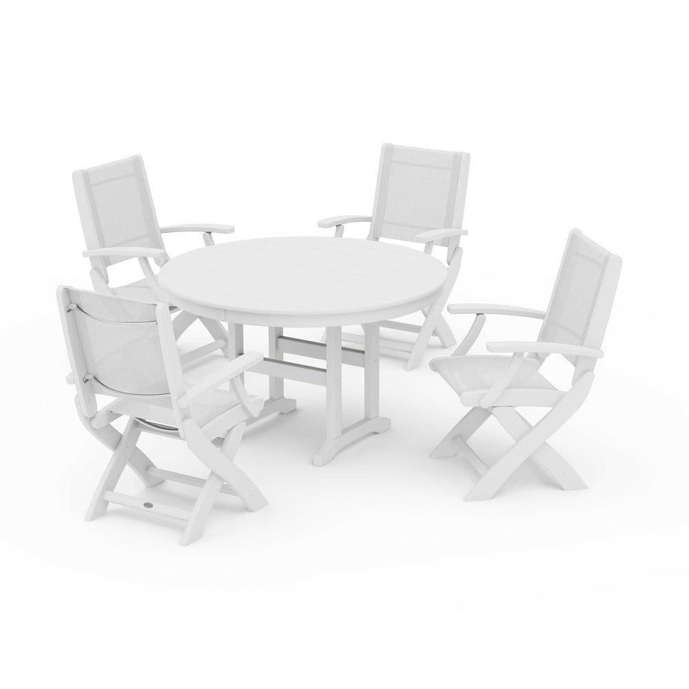 POLYWOOD® Outdoor Furniture White / White Sling POLYWOOD® - Coastal Folding Chair 5-Piece Round Dining Set - PWS1357