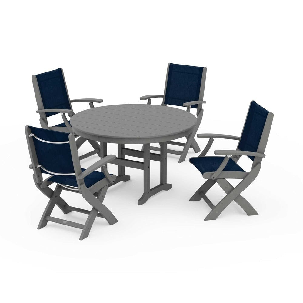 POLYWOOD® Outdoor Furniture Slate Grey / Navy Blue Sling POLYWOOD® - Coastal Folding Chair 5-Piece Round Dining Set - PWS1357