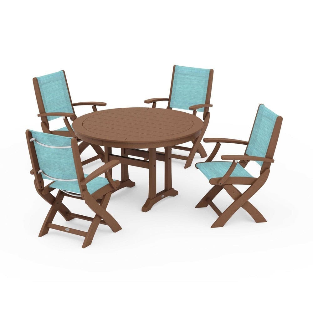 POLYWOOD® Outdoor Furniture Teak / Dupioni Aquamarine Sling POLYWOOD® - Coastal Folding Chair 5-Piece Round Dining Set with Trestle Legs - PWS1120