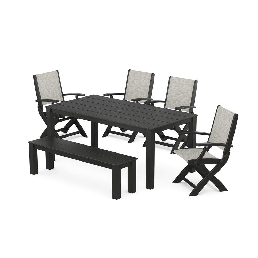 POLYWOOD® Outdoor Furniture Black / Birch Sling POLYWOOD® - Coastal Folding Chair 6-Piece Parsons Dining Set with Bench - PWS2272