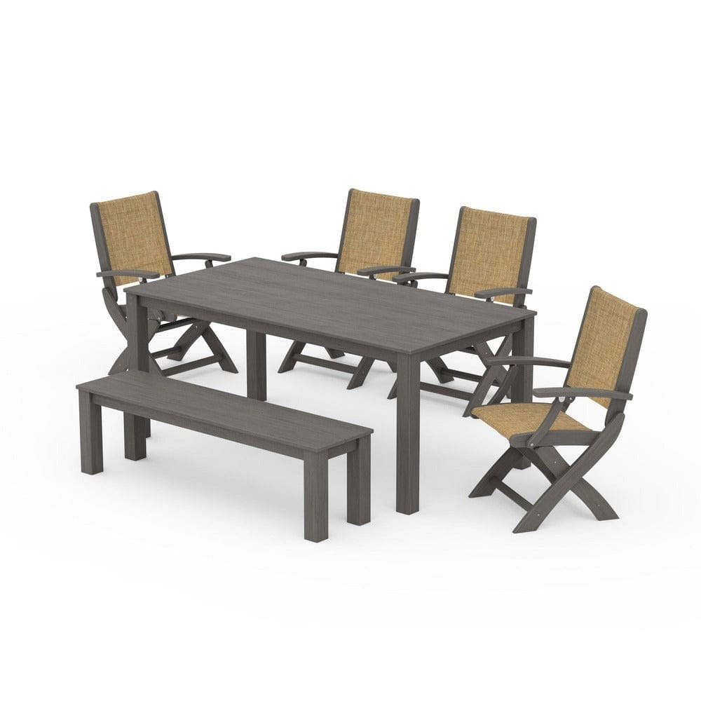POLYWOOD® Outdoor Furniture POLYWOOD® - Coastal Folding Chair 6-Piece Parsons Dining Set with Bench - PWS2272