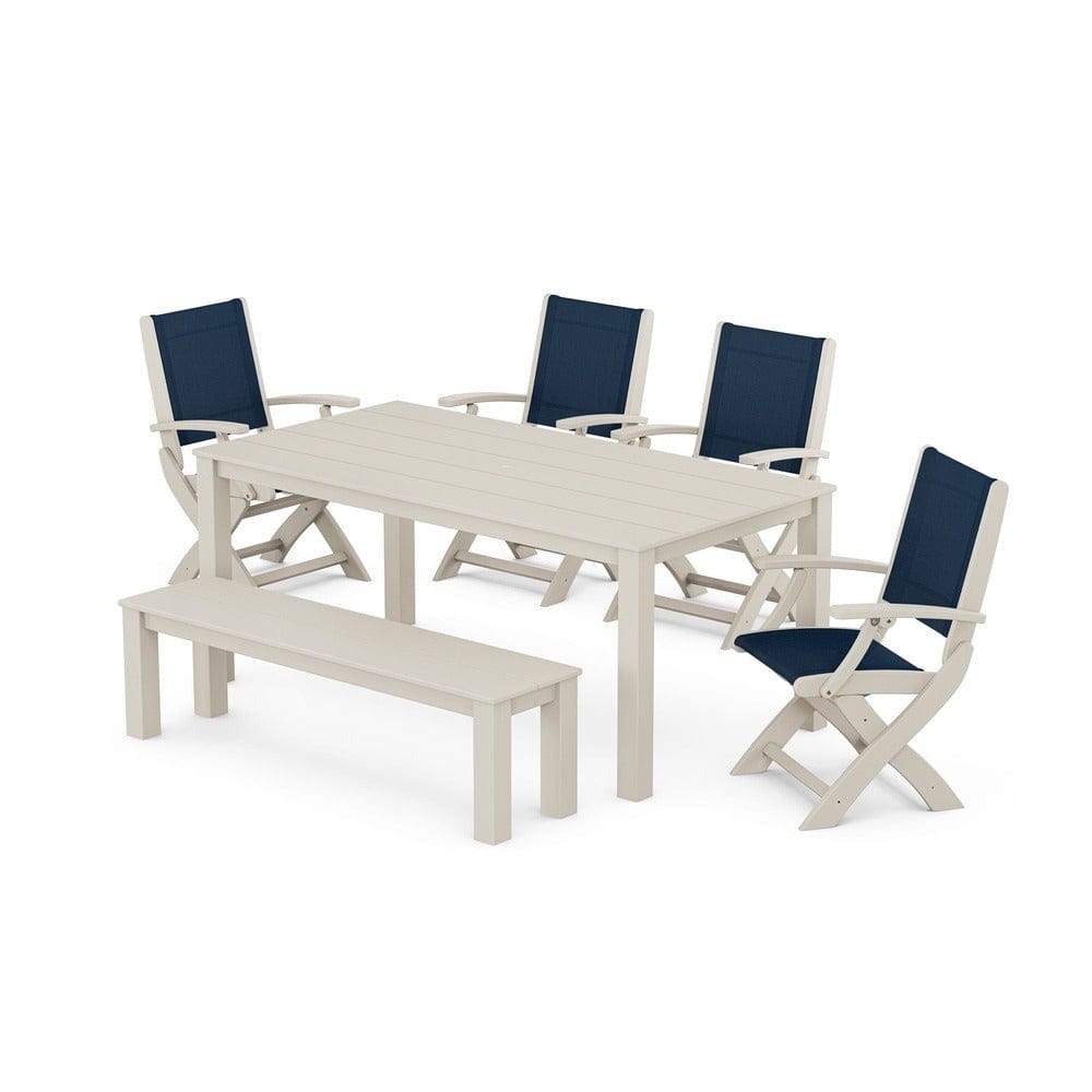 POLYWOOD® Outdoor Furniture Sand / Navy Blue Sling POLYWOOD® - Coastal Folding Chair 6-Piece Parsons Dining Set with Bench - PWS2272