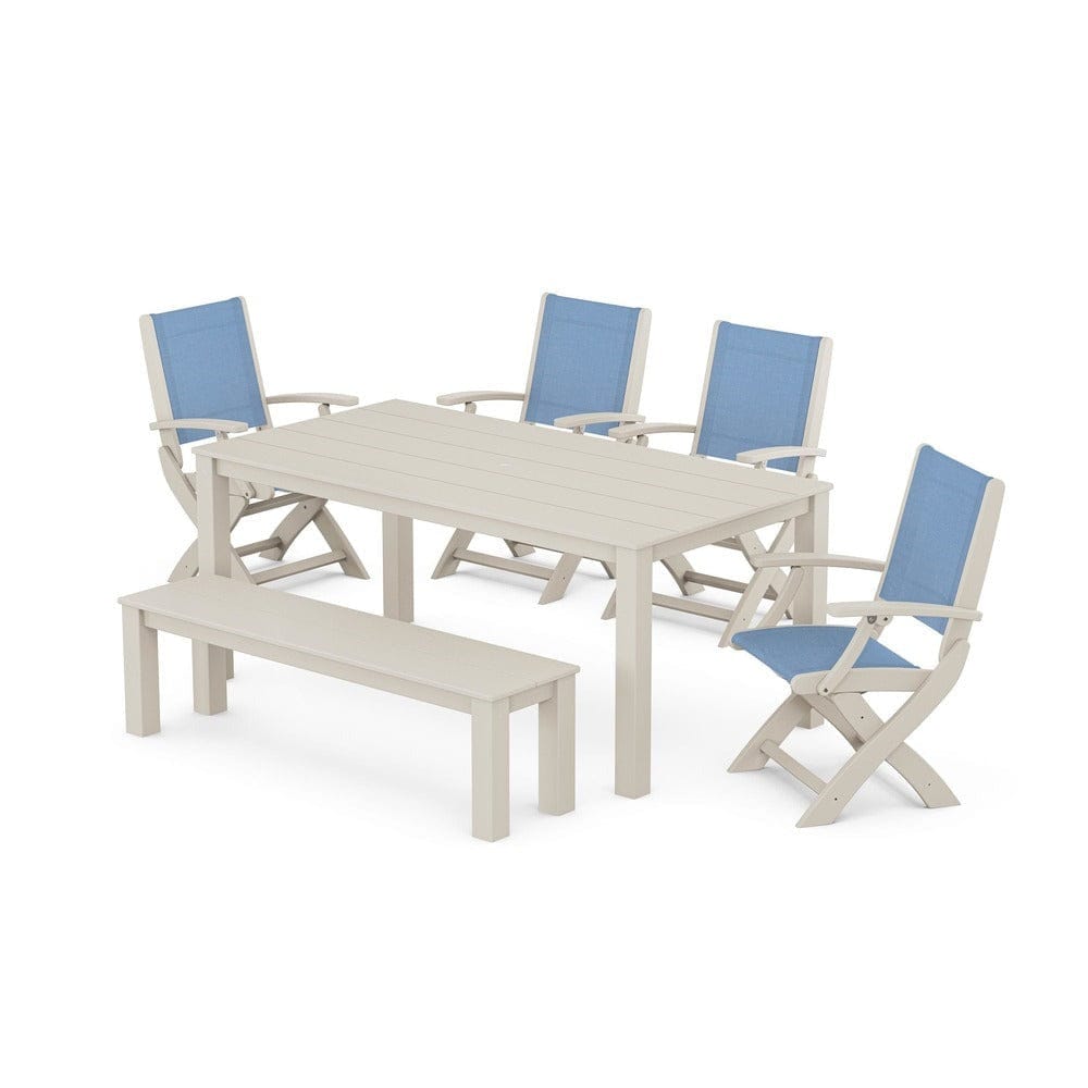 POLYWOOD® - Coastal Folding Chair 6-Piece Parsons Dining Set with Bench - PWS2272 Outdoor Furniture POLYWOOD®
