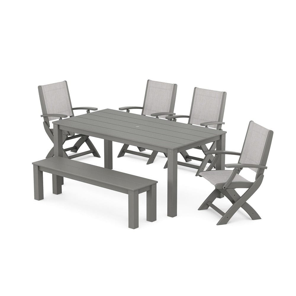 POLYWOOD® Outdoor Furniture Slate Grey / Parchment Sling POLYWOOD® - Coastal Folding Chair 6-Piece Parsons Dining Set with Bench - PWS2272