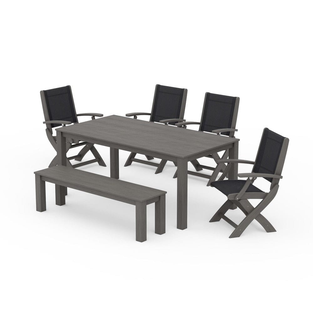 POLYWOOD® Outdoor Furniture Driftwood / Black Sling POLYWOOD® - Coastal Folding Chair 6-Piece Parsons Dining Set with Bench - PWS2272