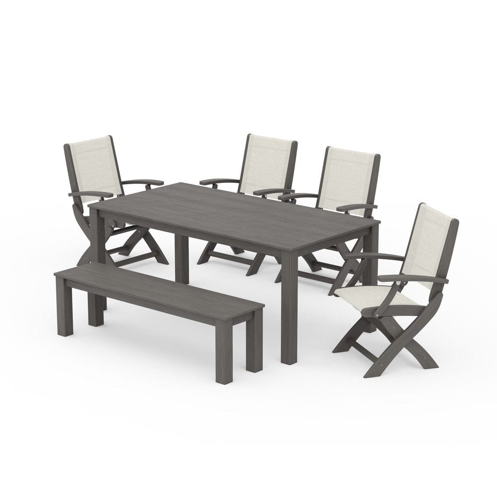 POLYWOOD® Outdoor Furniture Driftwood / Parchment Sling POLYWOOD® - Coastal Folding Chair 6-Piece Parsons Dining Set with Bench - PWS2272