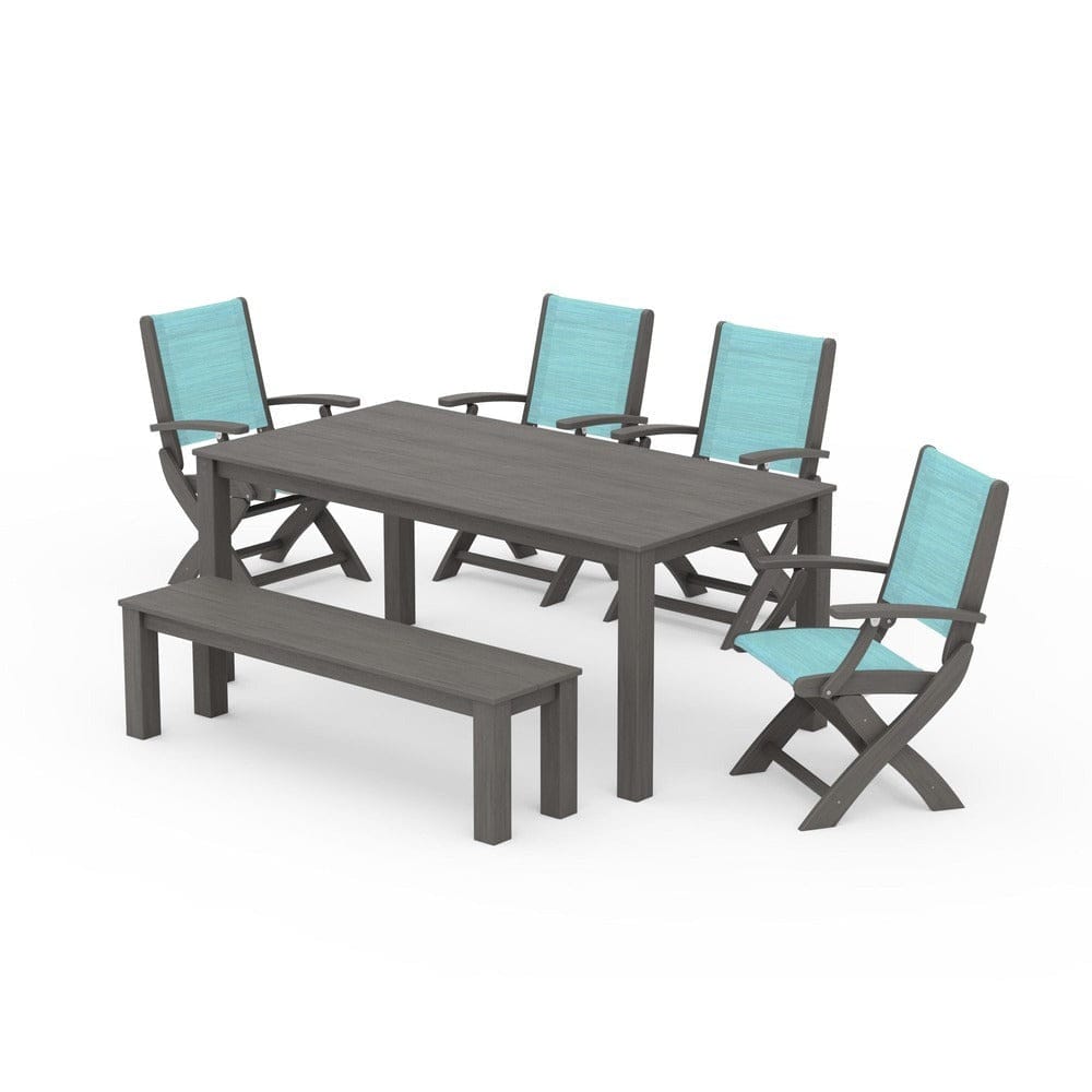 POLYWOOD® Outdoor Furniture POLYWOOD® - Coastal Folding Chair 6-Piece Parsons Dining Set with Bench - PWS2272