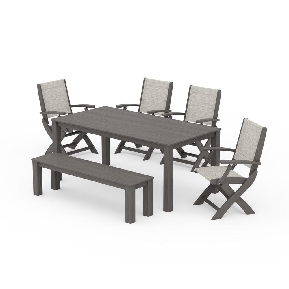 POLYWOOD® Outdoor Furniture Driftwood / Birch Sling POLYWOOD® - Coastal Folding Chair 6-Piece Parsons Dining Set with Bench - PWS2272