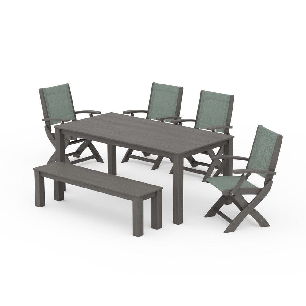 POLYWOOD® Outdoor Furniture POLYWOOD® - Coastal Folding Chair 6-Piece Parsons Dining Set with Bench - PWS2272