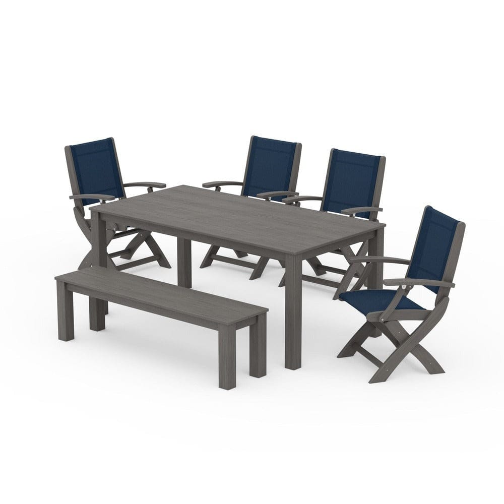 POLYWOOD® Outdoor Furniture POLYWOOD® - Coastal Folding Chair 6-Piece Parsons Dining Set with Bench - PWS2272