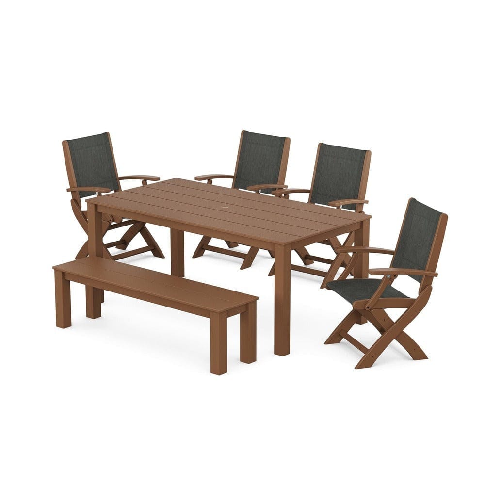 POLYWOOD® Outdoor Furniture Teak / Ember Sling POLYWOOD® - Coastal Folding Chair 6-Piece Parsons Dining Set with Bench - PWS2272
