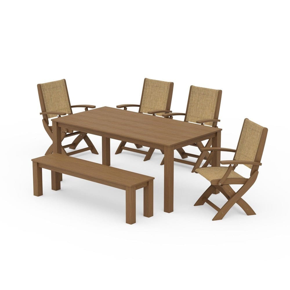 POLYWOOD® Outdoor Furniture Natural / Burlap Sling POLYWOOD® - Coastal Folding Chair 6-Piece Parsons Dining Set with Bench - PWS2272