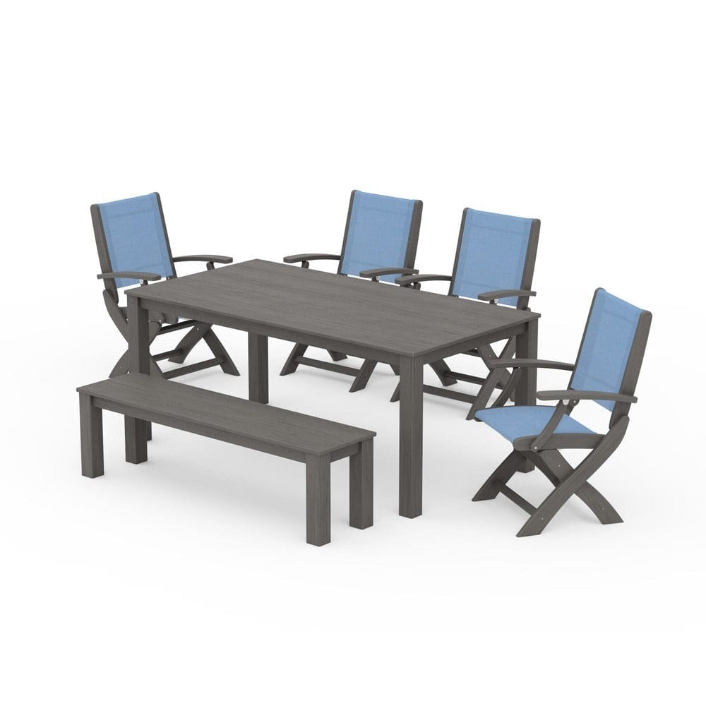 POLYWOOD® Outdoor Furniture Driftwood / Poolside Sling POLYWOOD® - Coastal Folding Chair 6-Piece Parsons Dining Set with Bench - PWS2272