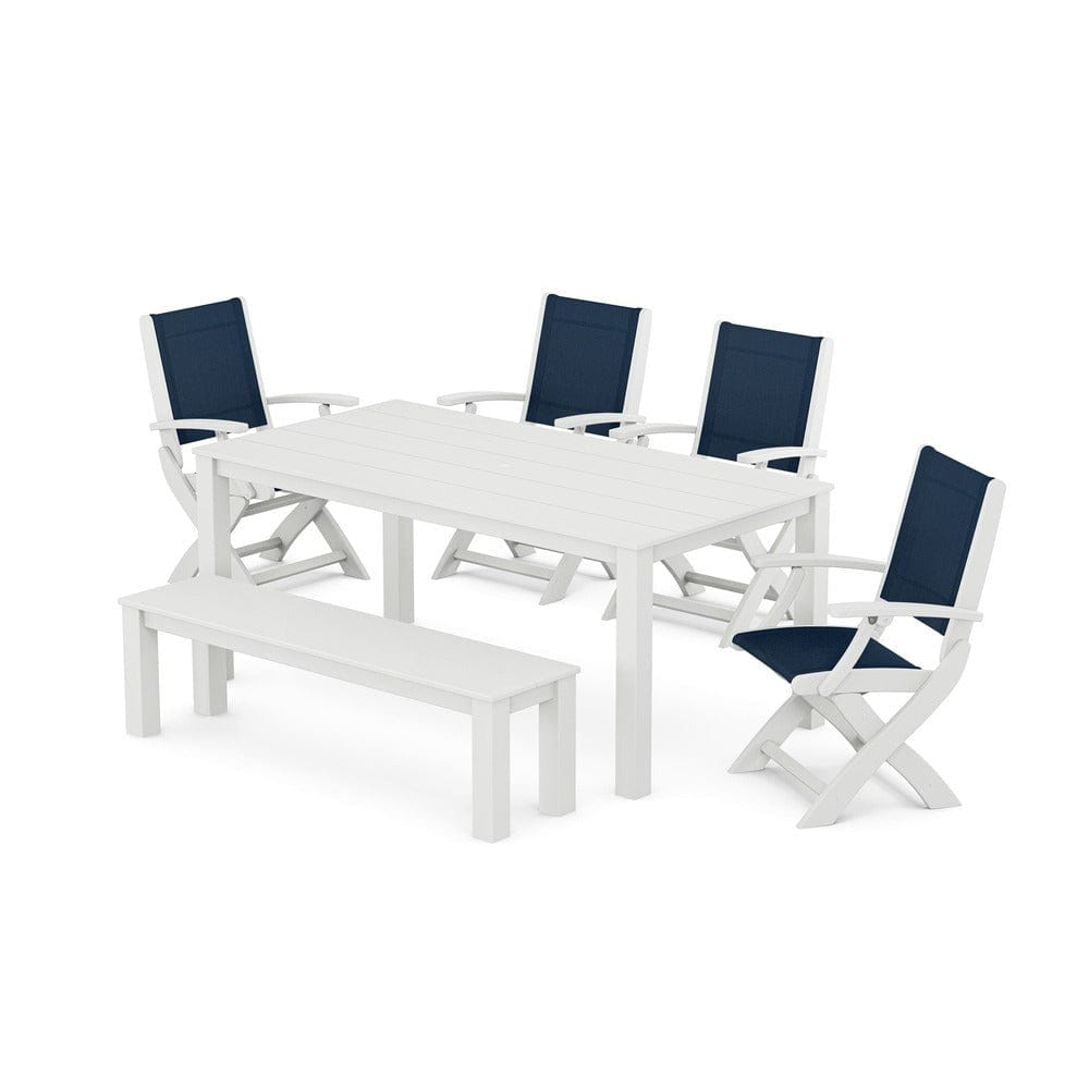 POLYWOOD® - Coastal Folding Chair 6-Piece Parsons Dining Set with Bench - PWS2272 Outdoor Furniture POLYWOOD®