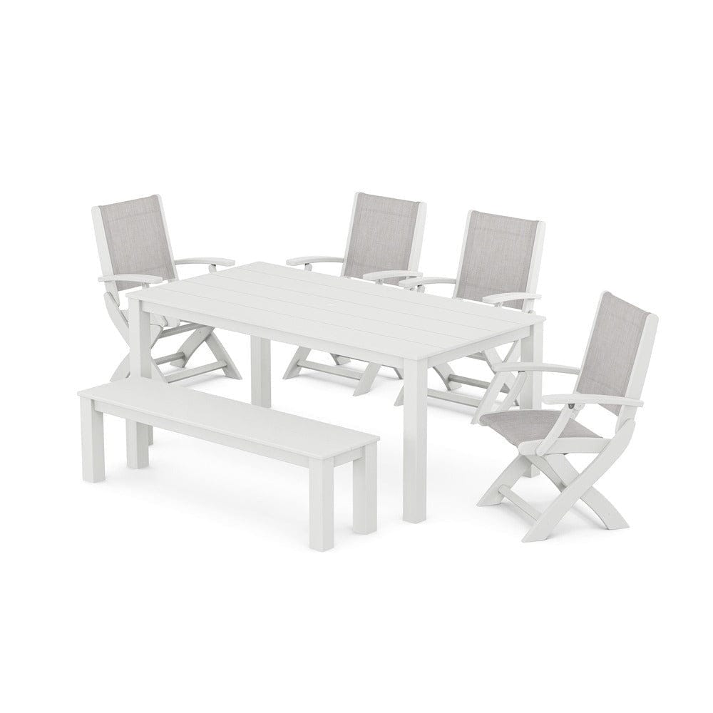 POLYWOOD® Outdoor Furniture White / Parchment Sling POLYWOOD® - Coastal Folding Chair 6-Piece Parsons Dining Set with Bench - PWS2272