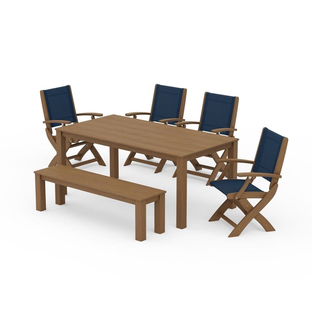 POLYWOOD® Outdoor Furniture Natural / Navy Blue Sling POLYWOOD® - Coastal Folding Chair 6-Piece Parsons Dining Set with Bench - PWS2272