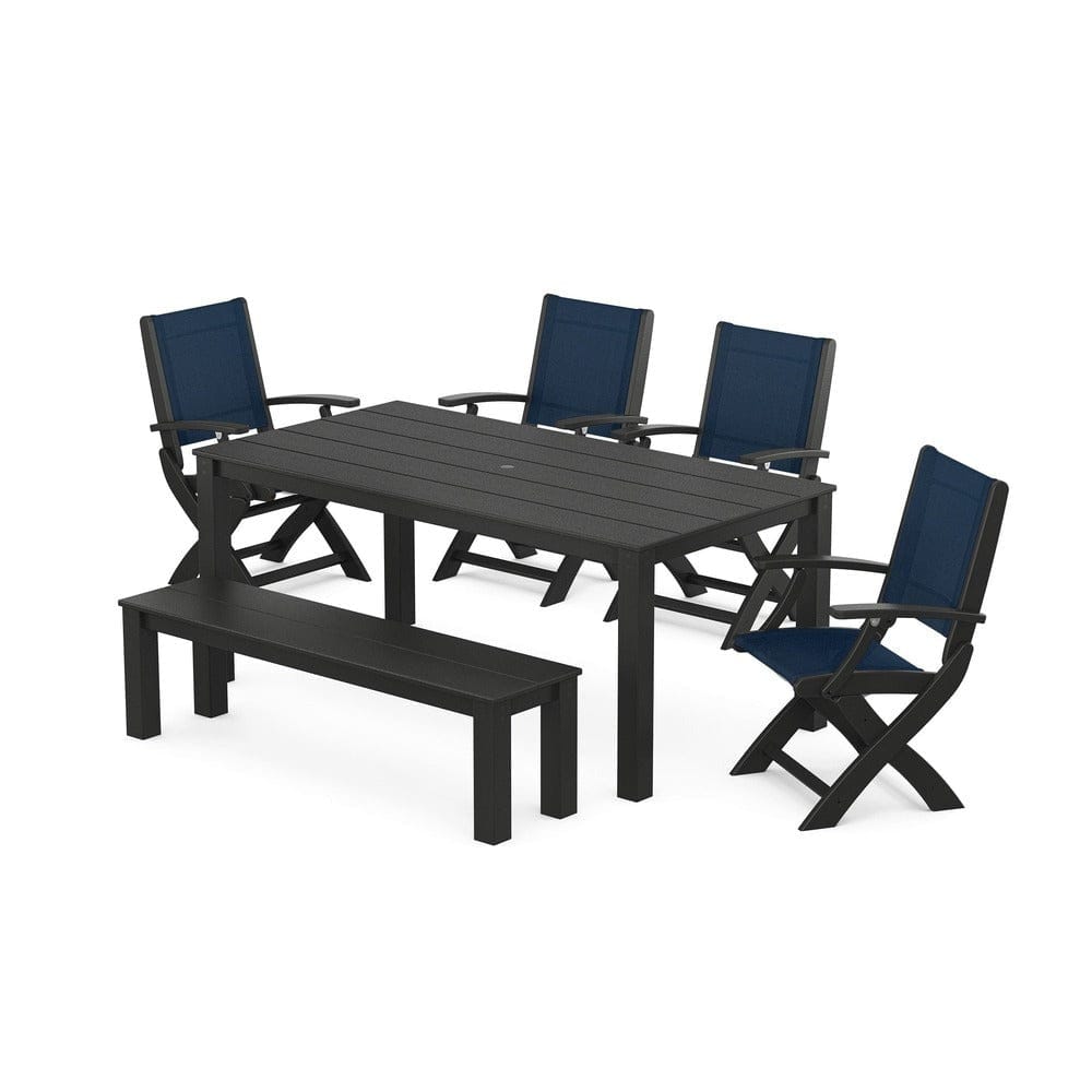 POLYWOOD® Outdoor Furniture Black / Navy Blue Sling POLYWOOD® - Coastal Folding Chair 6-Piece Parsons Dining Set with Bench - PWS2272